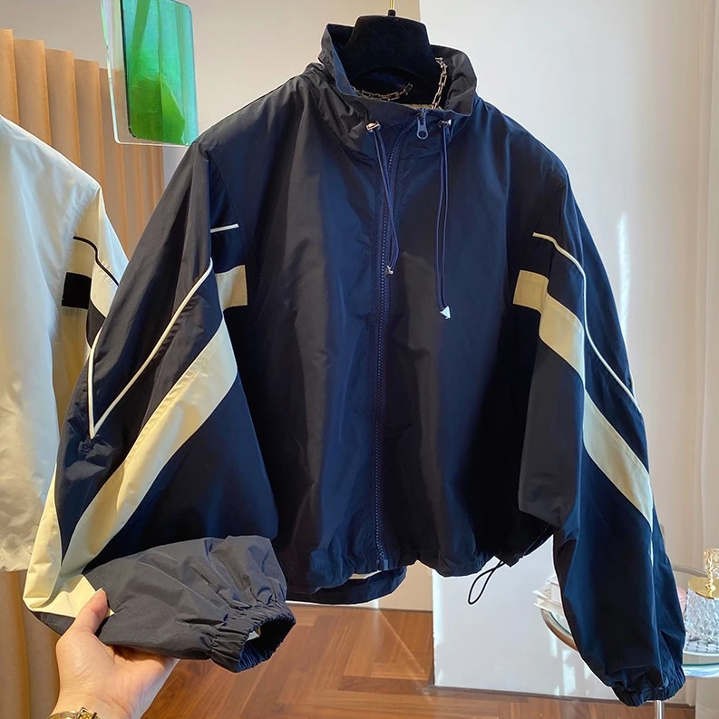 秋季休闲外套女时尚运动宽松显瘦冲锋衣撞色韩版拼接夹克工装2840