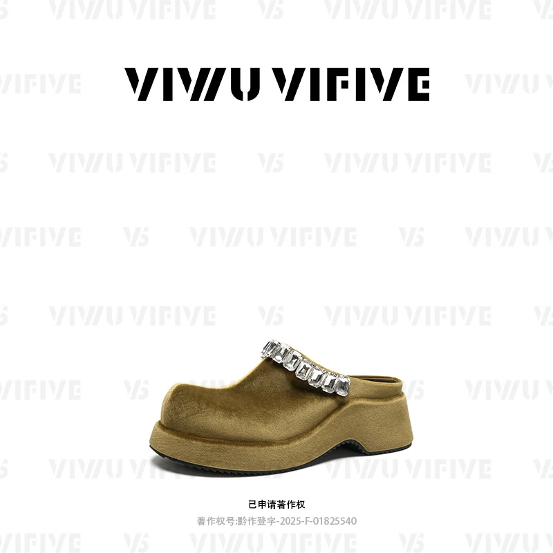 V5「绒序·拖」2025秋上新款爆款流光风厚底爆闪水钻勃肯包头拖鞋女