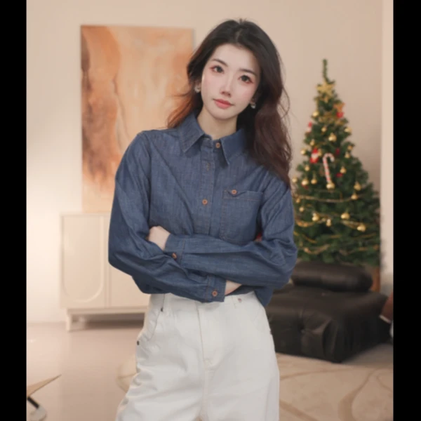 【欧若风】茵曼春季时尚文艺绣花翻领牛仔衬衫气质休闲百搭衬衣