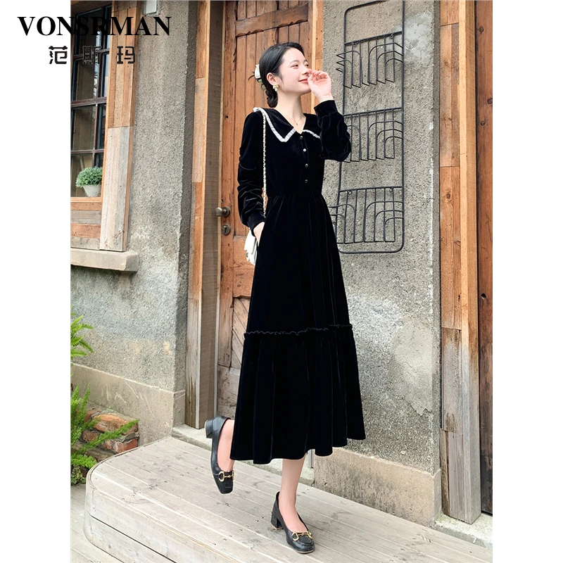 法式丝绒连衣裙女秋季2025新款时尚复古黑色长袖气质收腰显瘦长裙