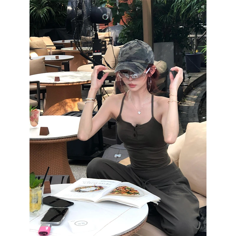 韩版气质女夏季性感纯欲辣妹穿搭显瘦百搭吊带宽松阔腿气质休闲裤