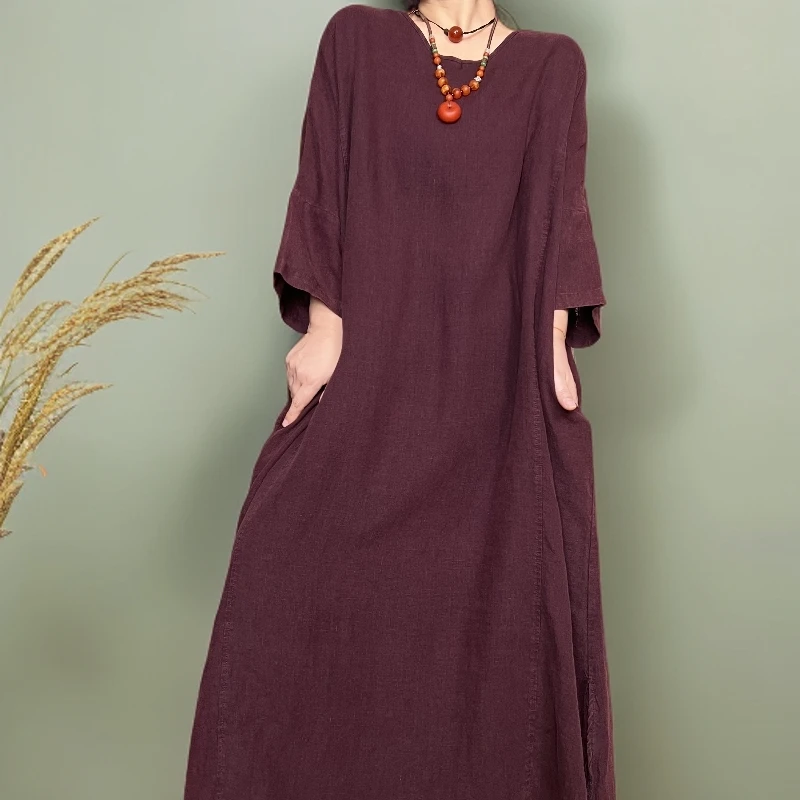 02127新中式宽松中长款下摆两侧开叉V领袍子复古中国风连衣裙蓝色