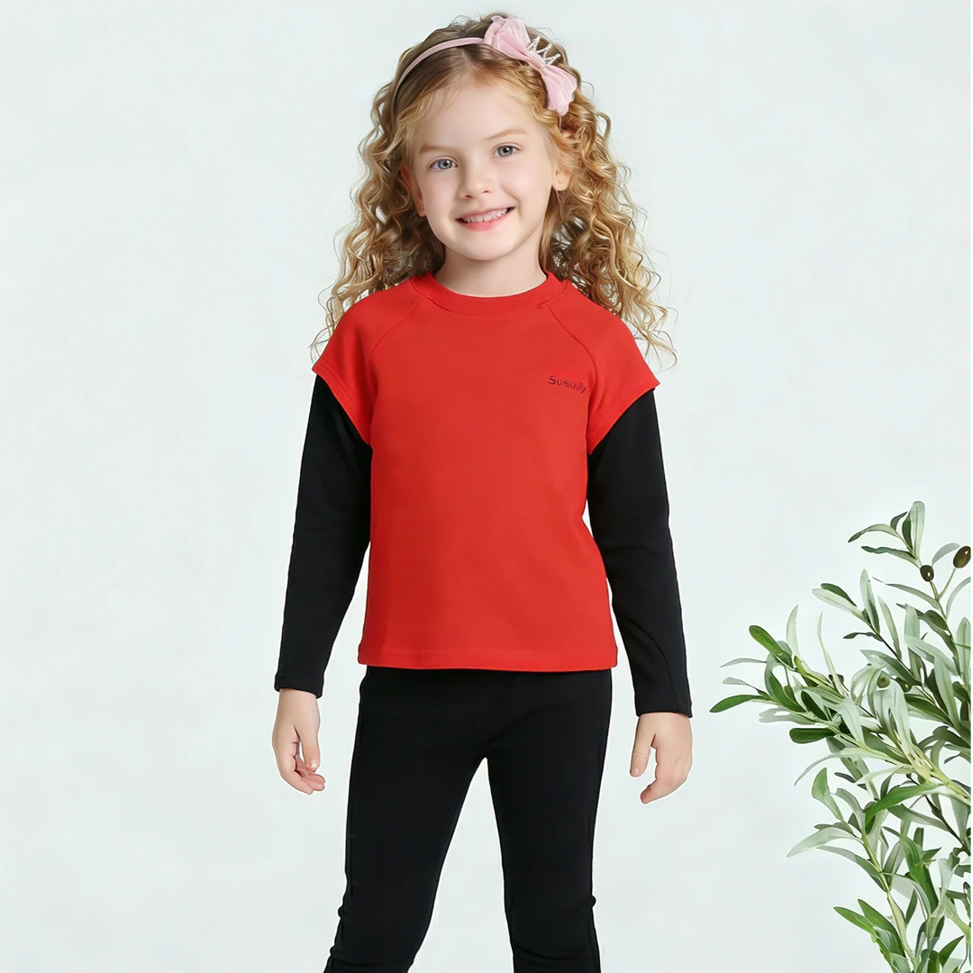 儿童长袖假两件红色上衣冬款加厚款贴身T恤弹力女童打底衫