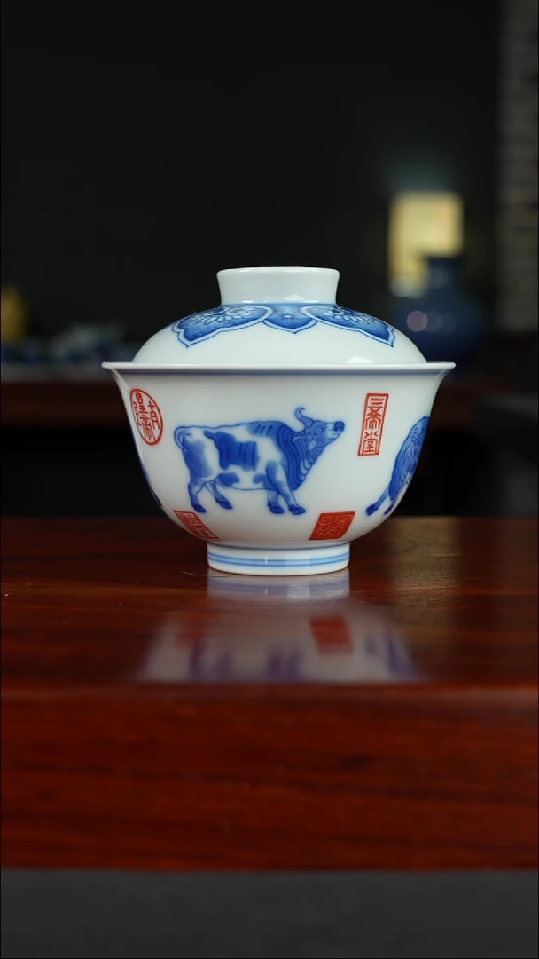 祖传窑真柴窑传承400年五牛图二才盖碗