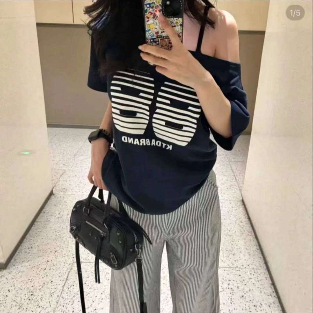 MeiDi#[DY0091]美式辣妹一字露肩短袖t恤女夏季宽松花斜肩上衣