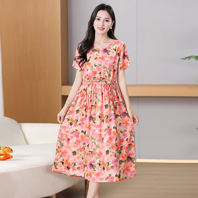 2025夏季新款超显瘦时尚数码印花圆领云丝缎棉绸连衣裙气质妈妈装