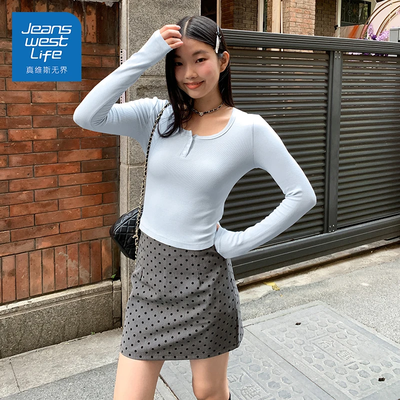 真维斯无界春秋季U领开扣修身长袖T恤女薄款内搭打底衫外穿慵懒风