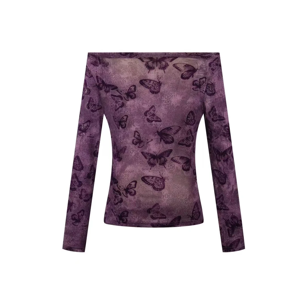 【曼妙蝴蝶】早春新款蝴蝶印花纯欲时尚百搭斜肩修身显瘦长袖上衣