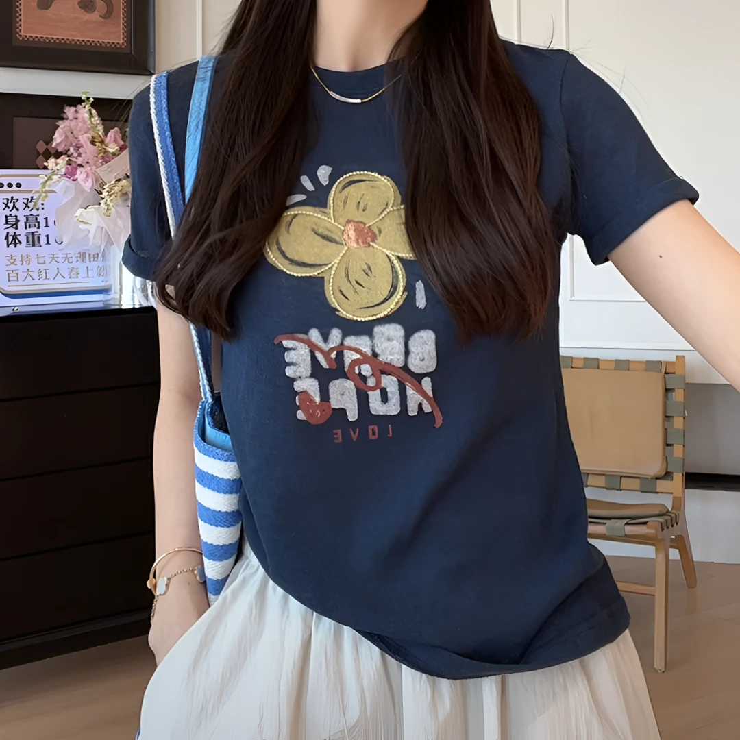 【余欢欢】夏季休闲简约时尚百搭花朵印花短袖T恤-YHW50328