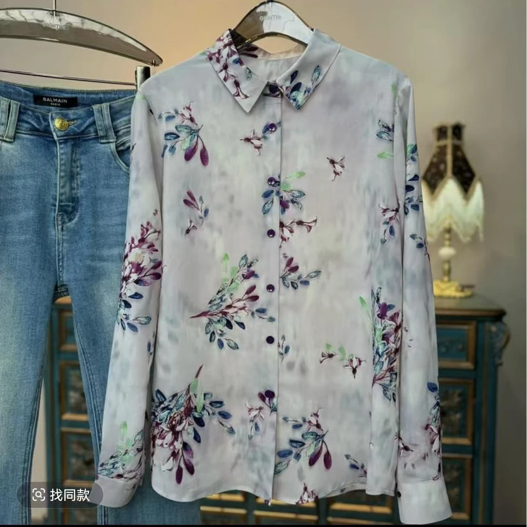 时尚洋气显瘦淡紫色小花春夏百搭休闲长袖衬衫