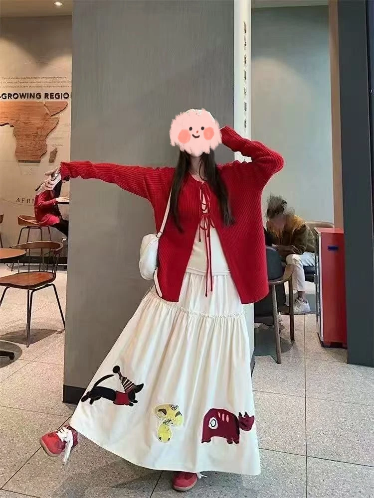 大码早春套装打底衫+开衫+卡通印花半身裙三件套987709#