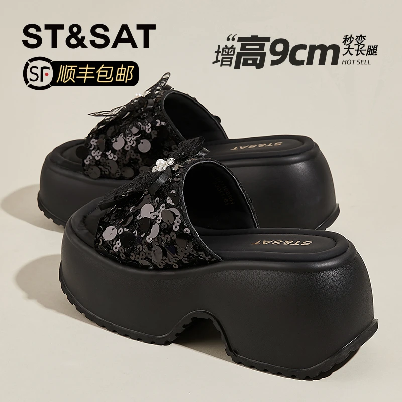 星期六超高跟蝴蝶结亮片一字拖女2025夏季新款厚底踩屎感沙滩拖鞋