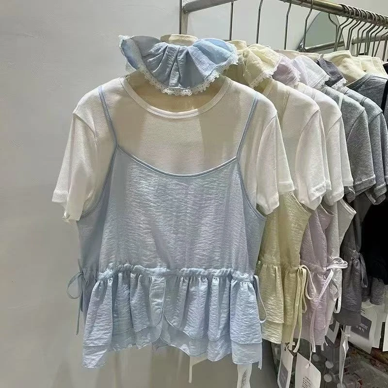 婷婷家韩系薄款短袖T恤+抽绳收腰吊带配发圈小清新三件套2025夏