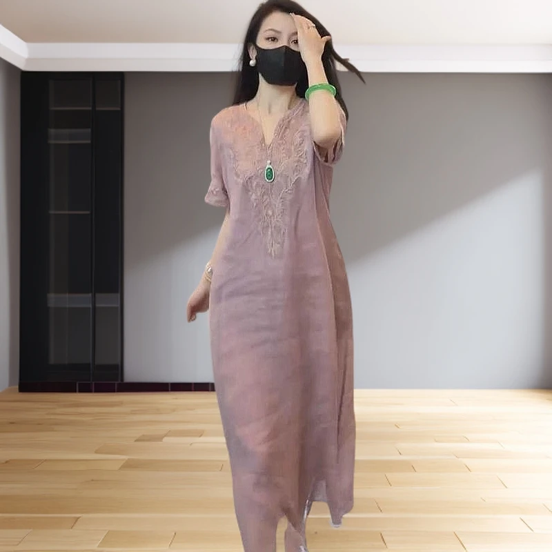 新中式国风刺绣苎麻连衣裙女2025夏季新款气质宽松休闲亚麻长裙子