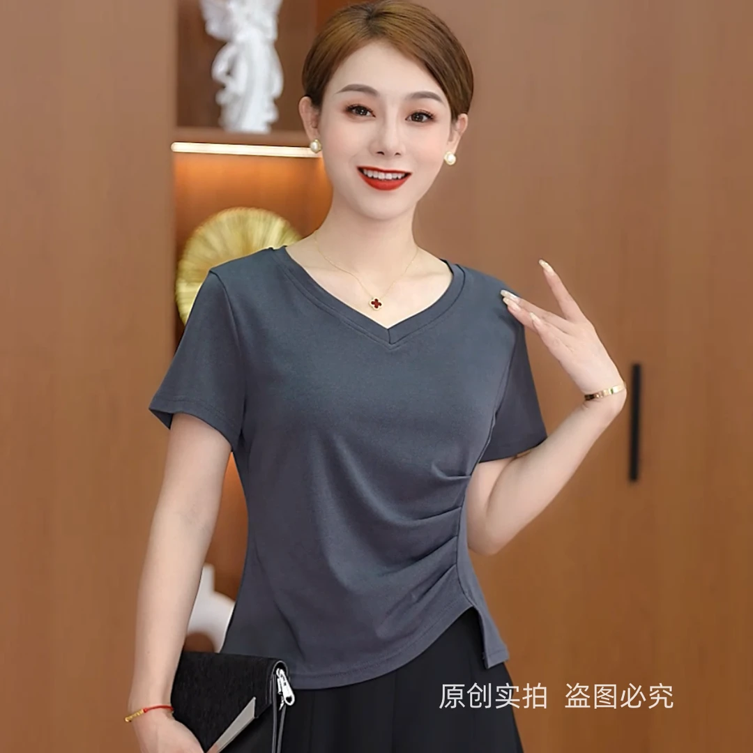 新款v领正肩短袖T恤女夏设计感不规则修身褶皱遮肚显瘦百搭上衣潮