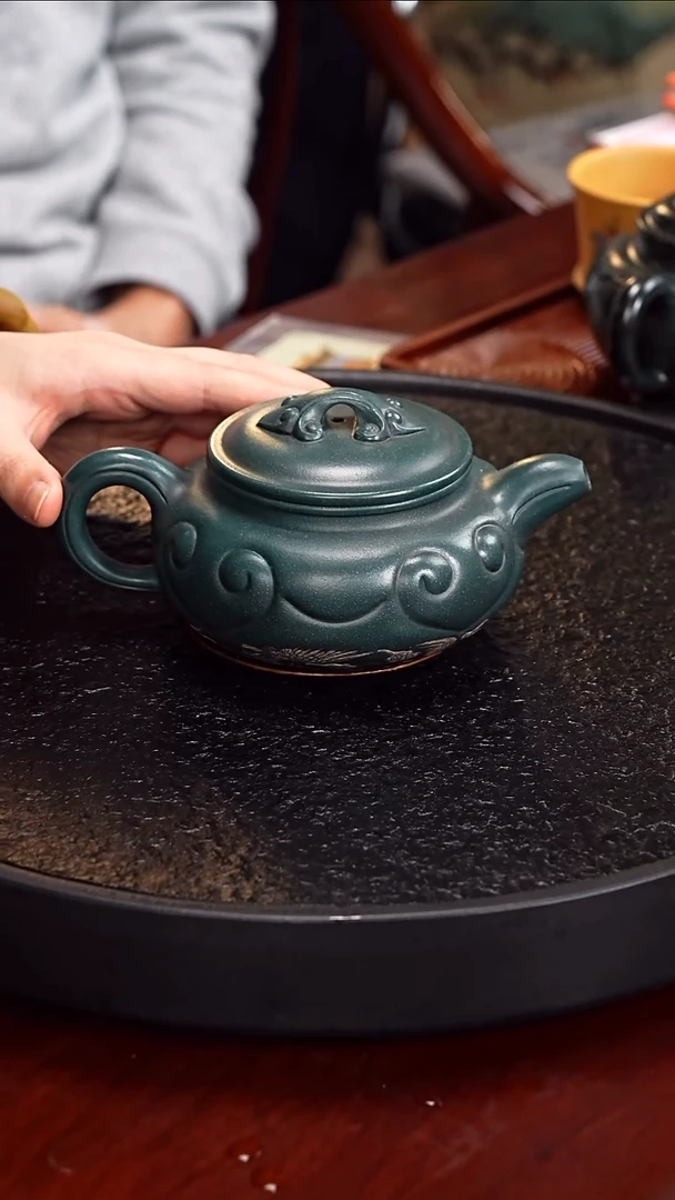 茶壶紫砂潘洪均 仿古如意69  绿泥 420毫升 鹤卷轴 鹤画