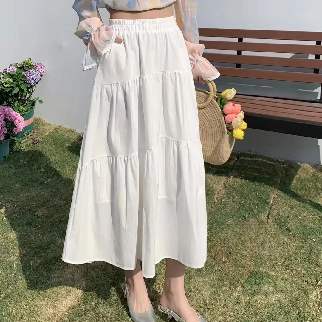 半身裙显瘦白色高腰百搭夏季裙子气质时尚休闲中长款松紧腰A字