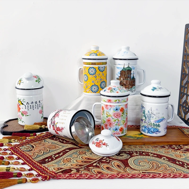 【千秋万代】700ml老式珐琅搪瓷泡茶杯怀旧经典杯喝水杯带滤网茶杯