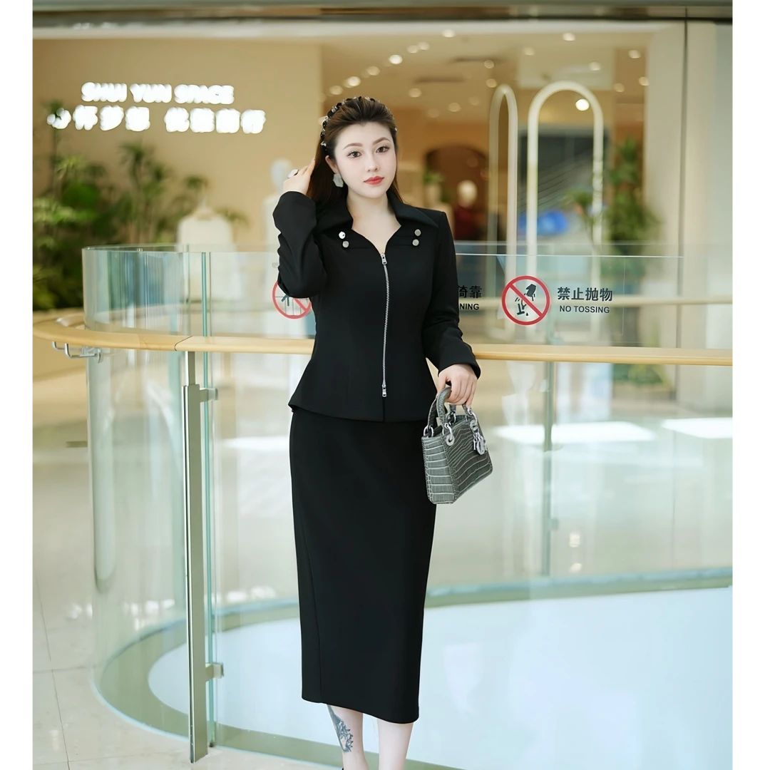 XYD71676/XYD71348翻领链条拉链上衣气质半身裙大码女装长袖套装