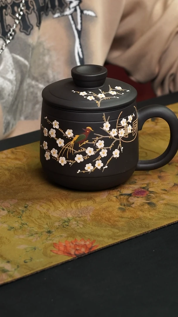 茶杯紫砂石黄泥料 三件套 喜上眉梢变色盖杯