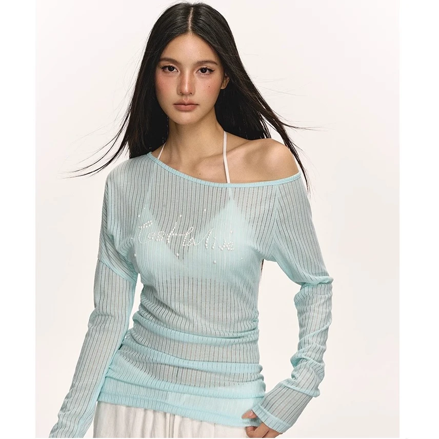 anna aneae防晒罩衫女秋季新款长袖t恤斜肩宽松显瘦薄蓝色上衣潮