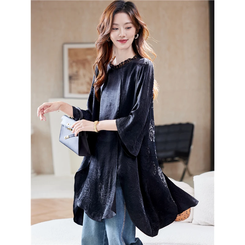 DUCURNO七分袖提花衬衫女2025初秋气质简约宽松慵懒休闲大码上衣