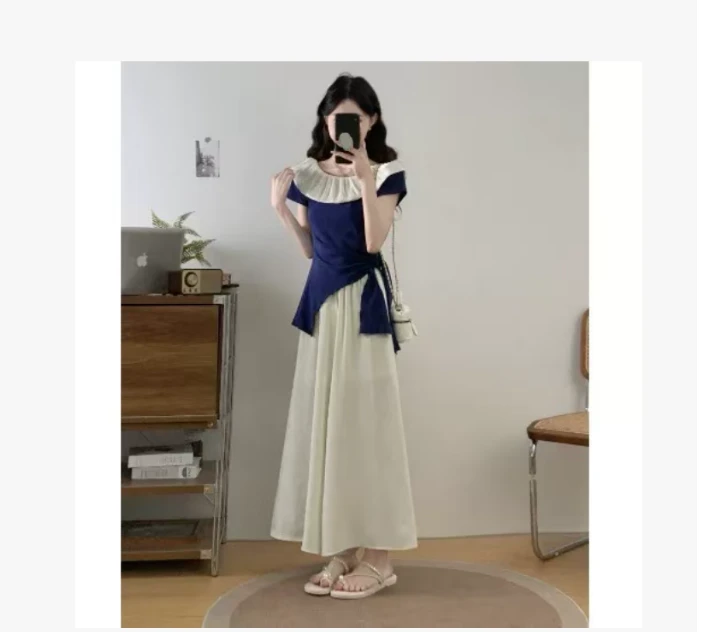 2025夏新款法式荷叶边一字肩不规则绑带T恤高腰裙裤套装HJ-1927
