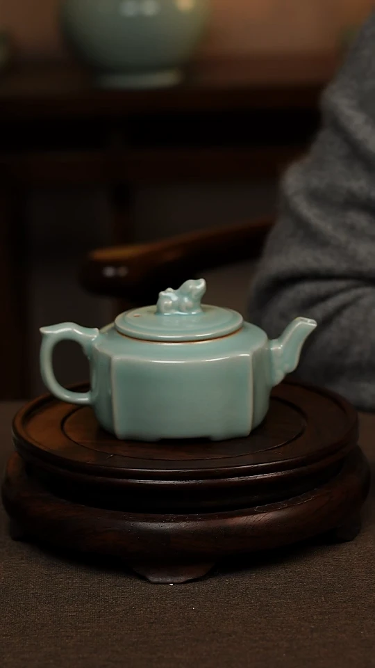 瓷片仿古天青全手工四方壶200ml 微瑕 不带礼盒