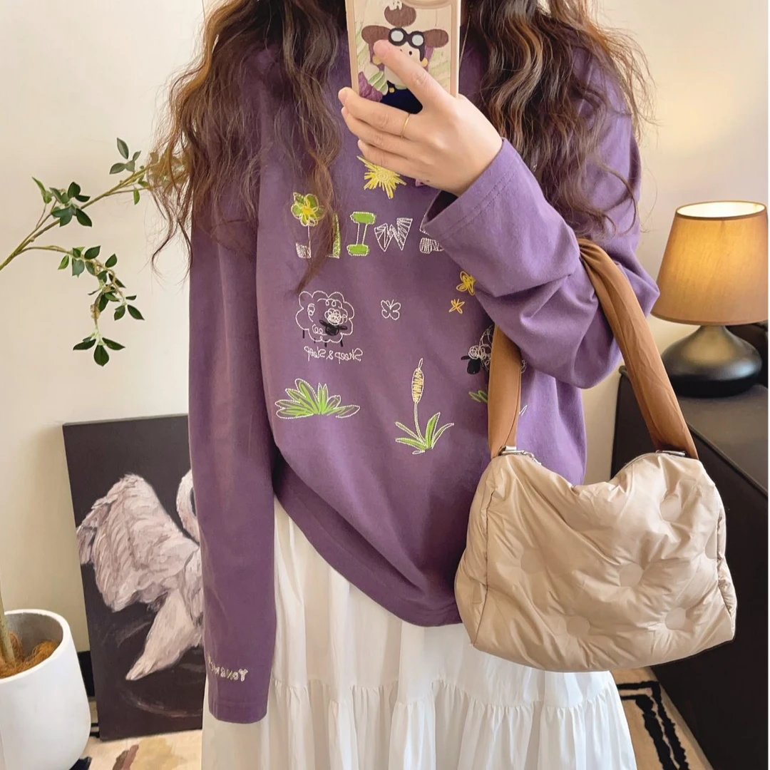 纸袋家春季「设计师款涂鸦卷毛羊线绣纯棉双纱长袖T恤」1162打底衫