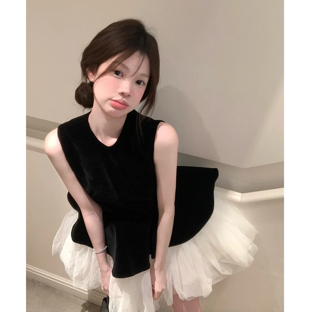 2025夏季新款纯欲显瘦时尚公主风拼接网纱无袖背心连衣裙蓬蓬裙女