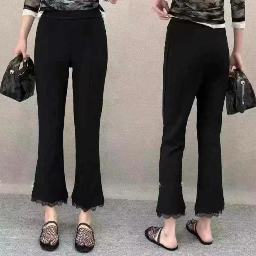 艳艳家 春款时尚九分微喇蕾丝边百搭休闲裤