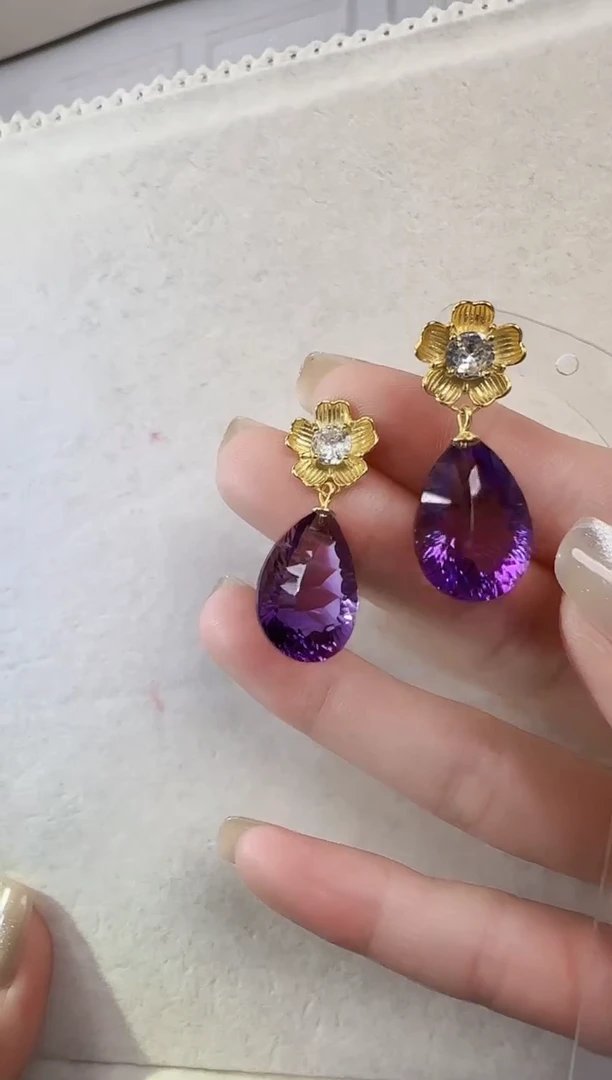 颈饰银S925镶嵌水晶紫晶水滴925银小花耳坠