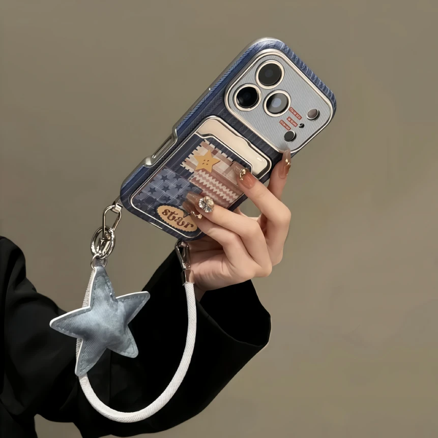 新款蓝牛仔星星卡包适用iPhone17ProMax手机壳苹果16斜挎15腕带14
