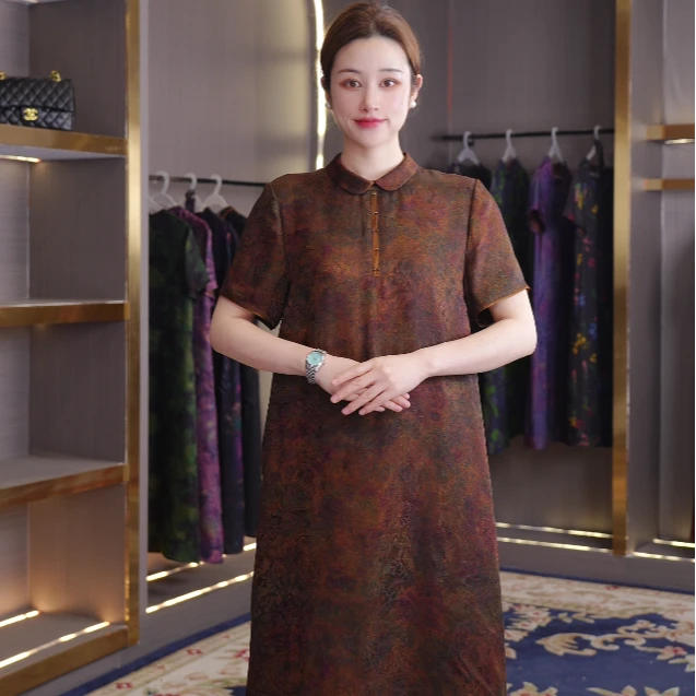 [沉烟]花萝琉璃扣气质妈妈装显瘦云纱中国风连衣裙中式中长款时尚