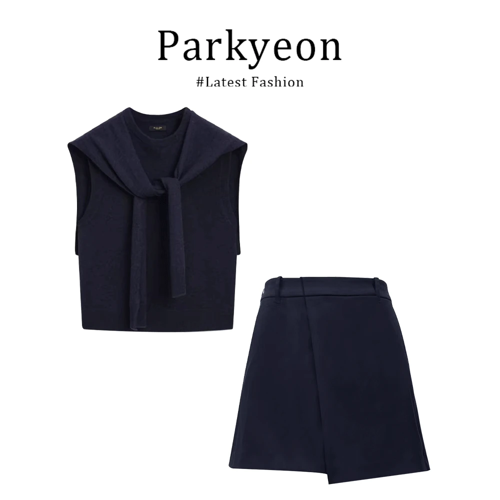 法式气质藏青色披肩无袖背心T恤女夏季新款高腰a字半身裙两件套装