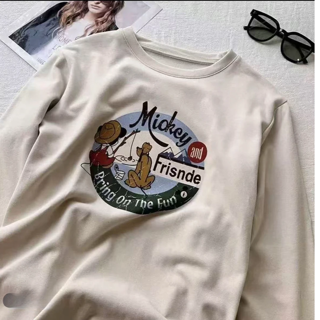 24389美式复古加厚磨毛卡通印花长袖T秋冬宽松圆领打底衫