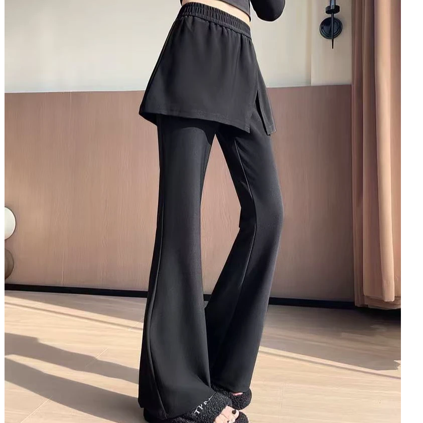 大码微喇西装裤黑色裤子假两件屁帘喇叭裤宽松显瘦叠穿阔腿长裤