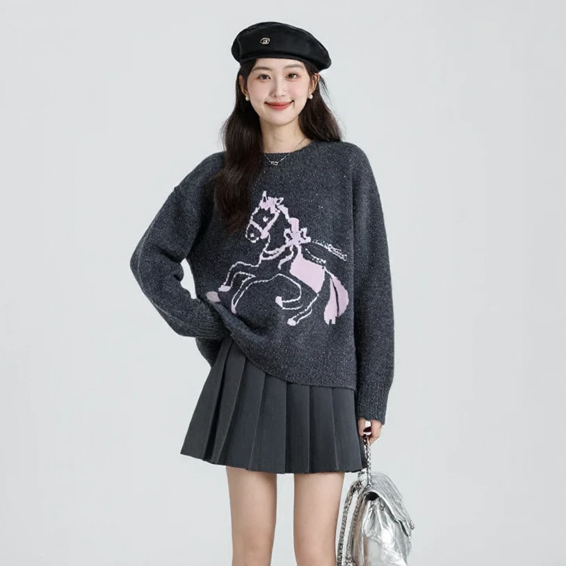 奢姿2026春季新款大码女装圆领时尚小马提花针织毛衣甜酷显瘦上衣