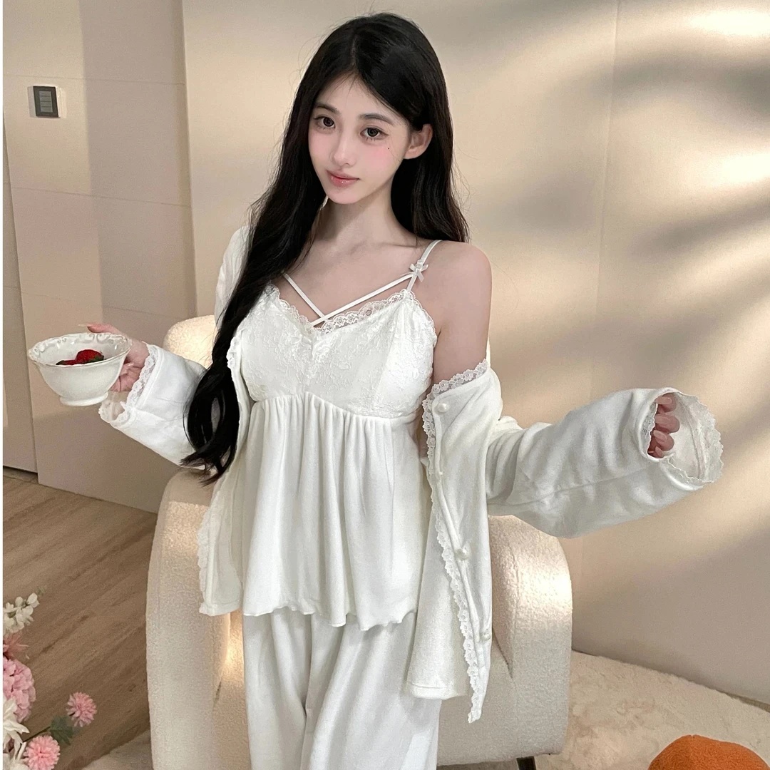 西米【白月光】海岛绒长袖长裤可外穿三件套纯欲加绒显白睡衣女秋冬