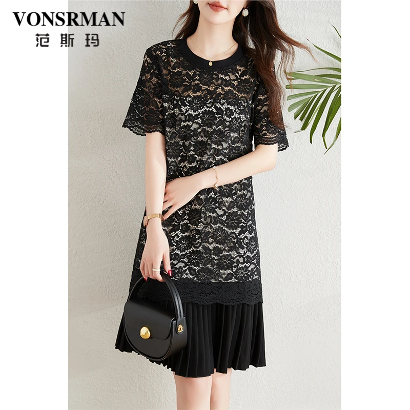 高级感镂空蕾丝连衣裙女2025夏季新款性感气质显瘦百褶拼接小黑裙