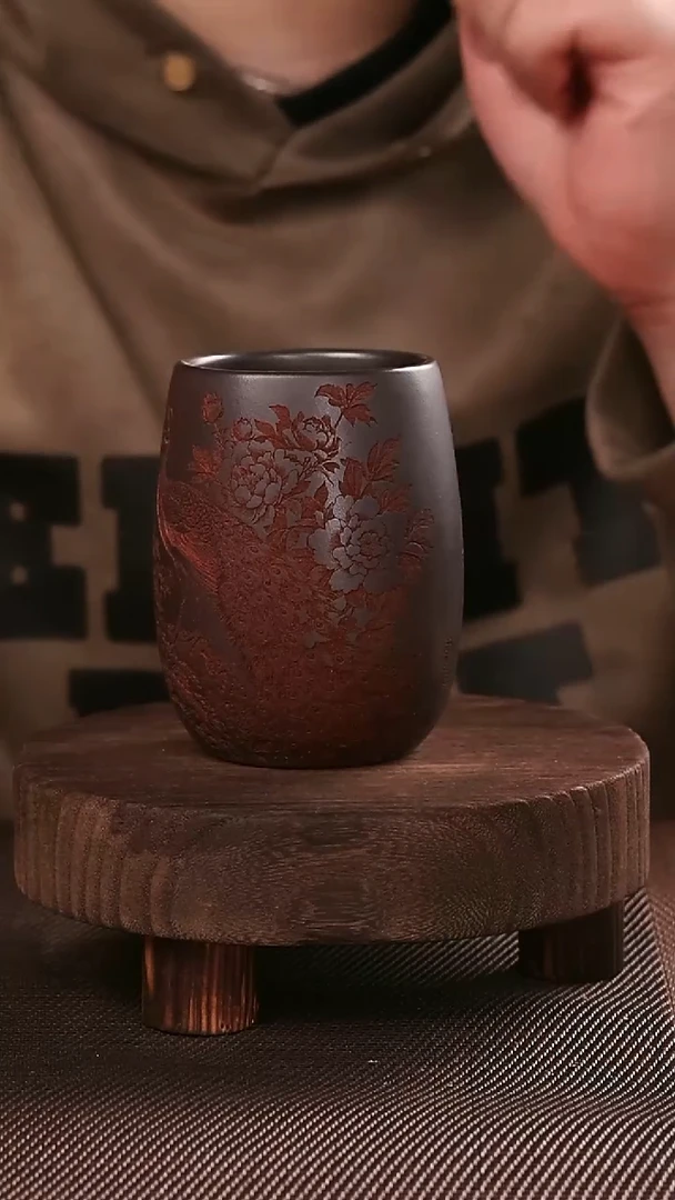 茶杯紫砂富贵春晖紫砂手工刻绘主人杯200CC