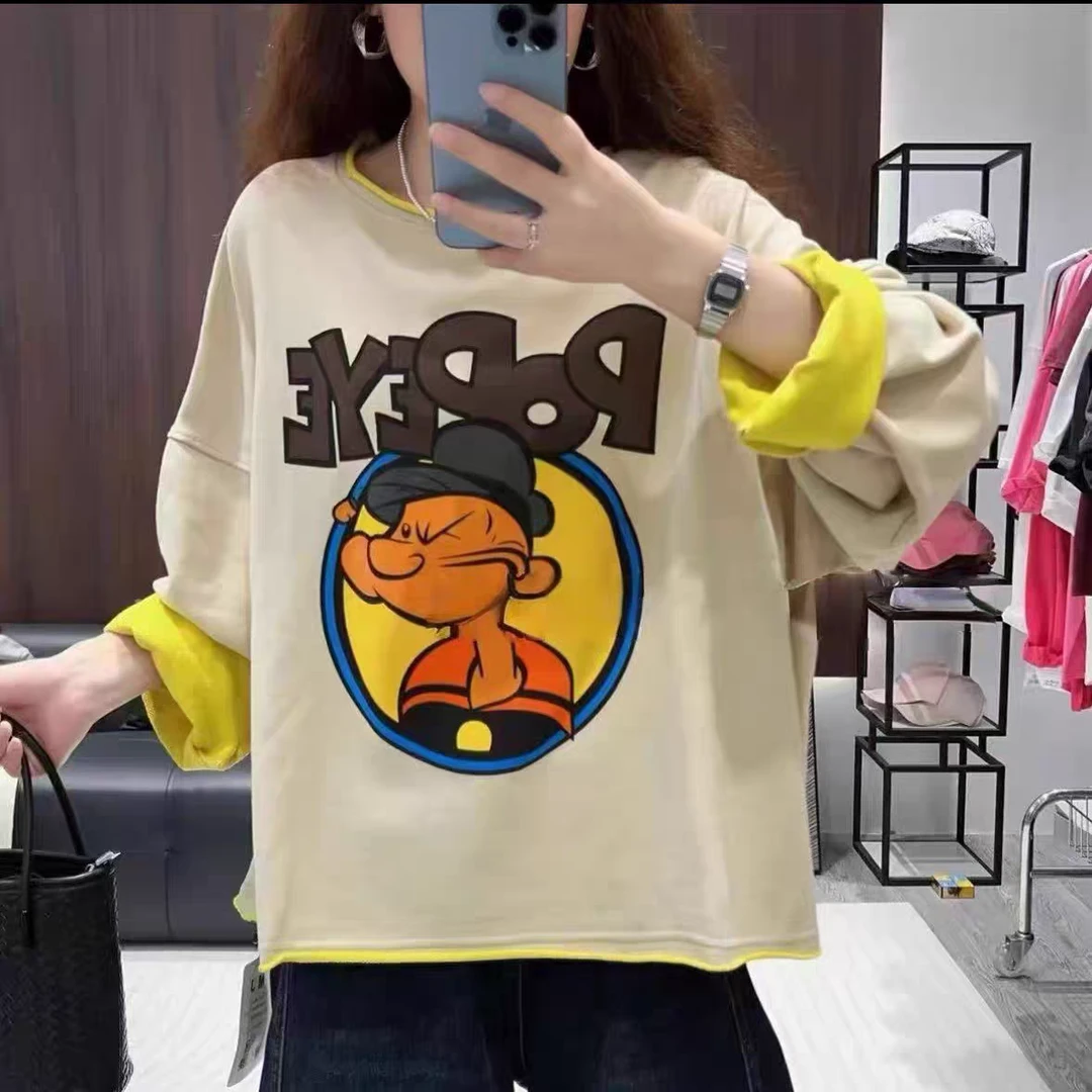 设计感动画人物印花圆领长袖T恤女2025早秋新款百搭休闲显瘦上衣
