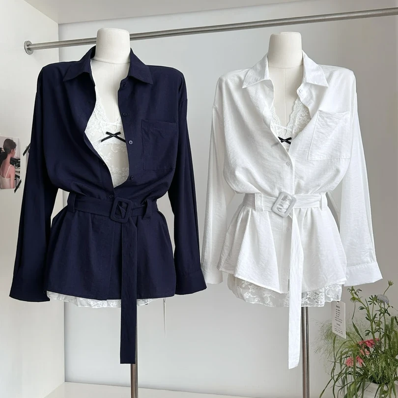 春夏2025新款设计感腰带宽松收腰衬衫女修身蕾丝裙打底两件套装裙