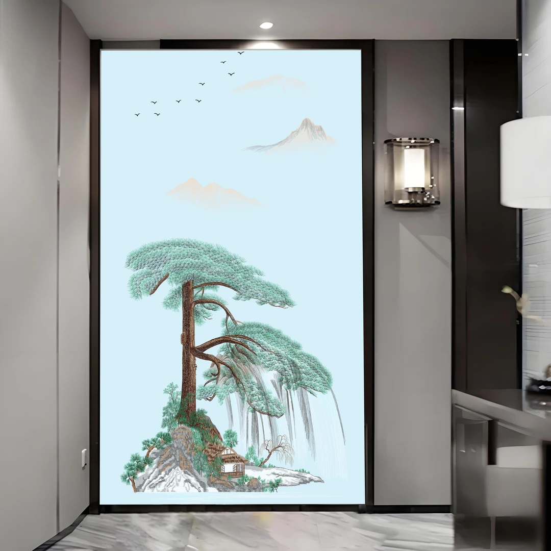 小玄关坚韧不拔B5迎客松高端独绣新中式刺绣背景山水玄关