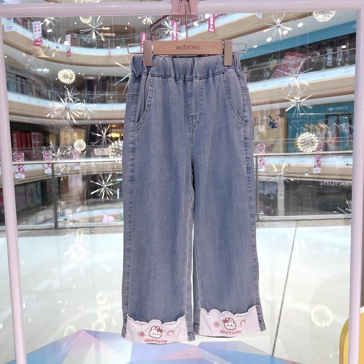 皇室童缘2025夏季女童时尚休闲洋气脚口拼接牛仔长裤17680350001