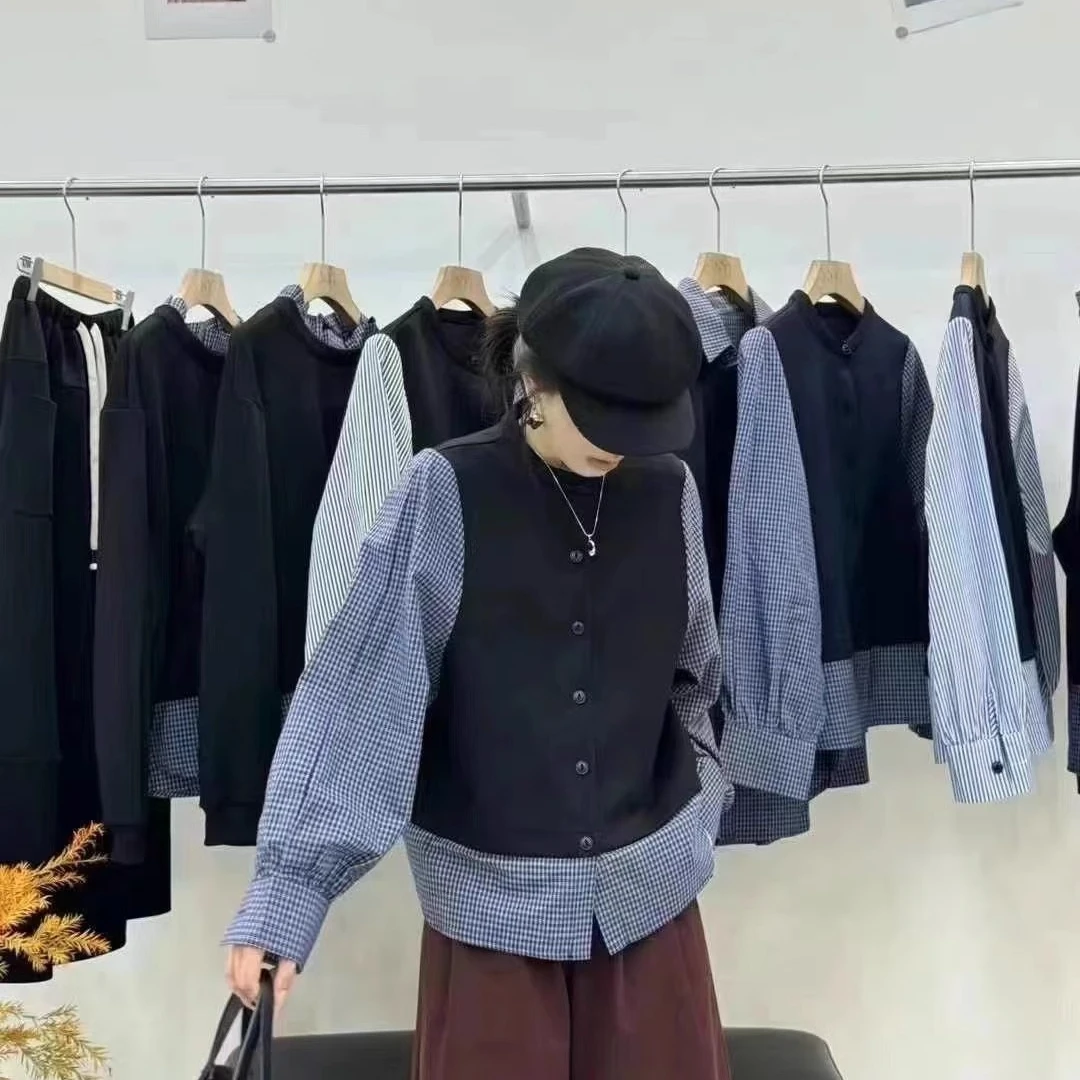 9998假两件拼接条纹长袖衬衫女秋季新款宽松单排扣显瘦设计感上衣