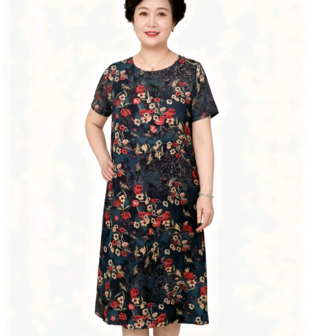 11546-中老年连衣裙子女士中长款短袖夏装新款宽松新中式连衣裙