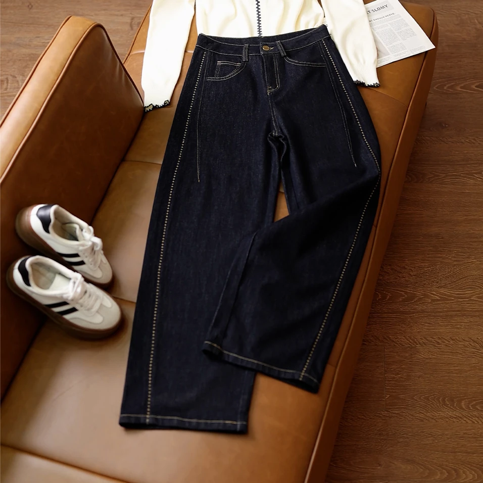 丹宁蓝高腰阔腿裤2025秋季新款消胯显瘦牛仔裤舒适百搭休闲裤2113