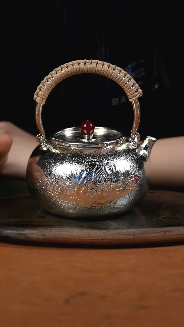 手工锤纹牡丹烧水提梁