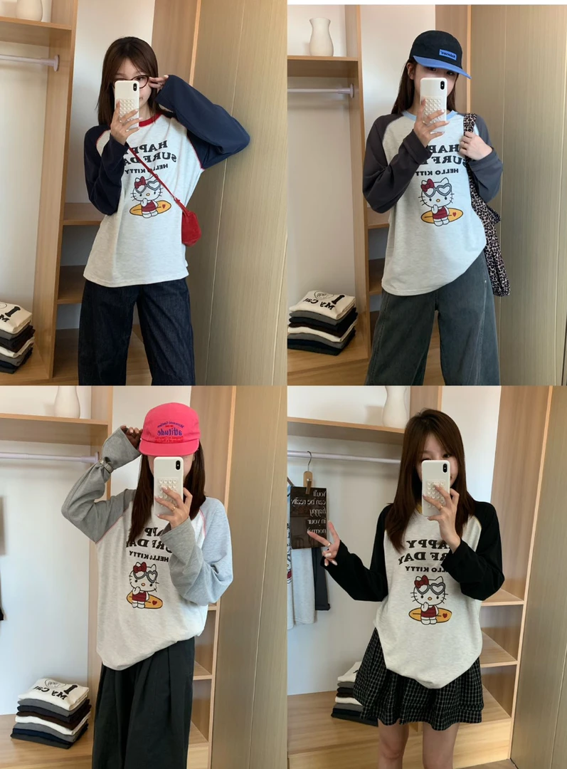 HNDB53018韩代卡通HelloKitty猫插肩袖撞色T恤打底衫